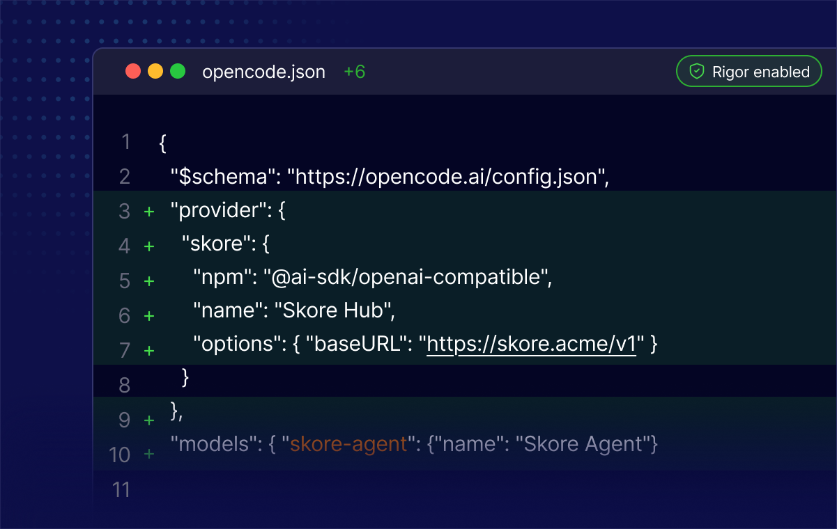 Code editor showing skore-agent added to opencode.json with rigor enabled