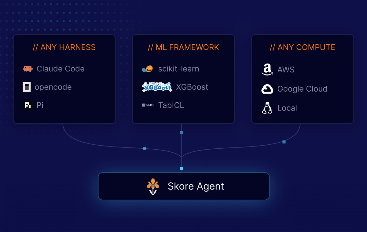 Diagram of harnesses, ML frameworks, and compute converging into the Skore Agent